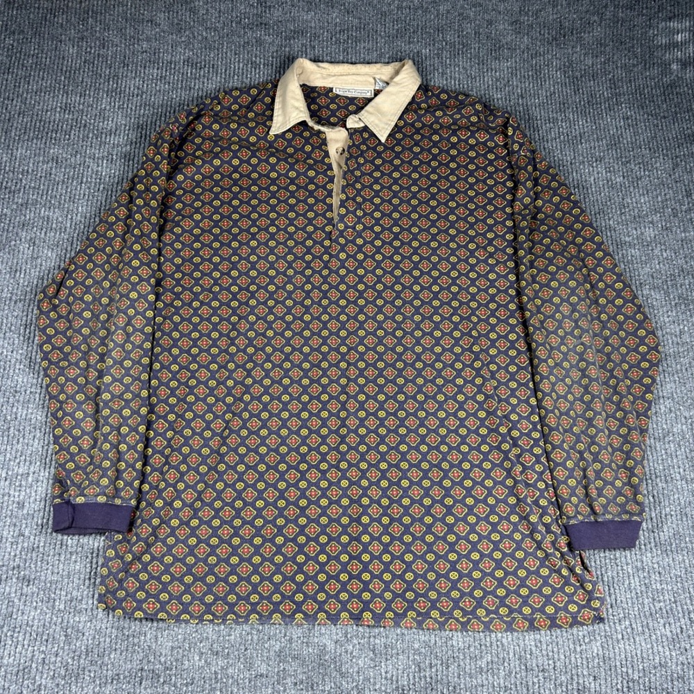 Bugle Boy Company Shirt Mens XXL Long Sleeve Polo Geometric Print Blue Vintage